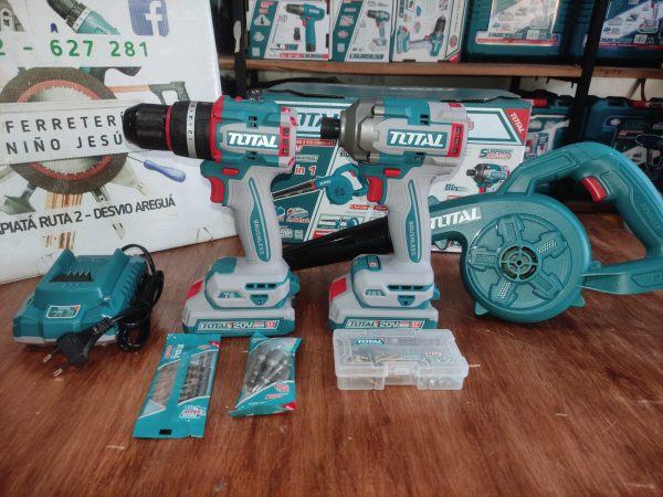 KIT 3EN1 TALADRO 76NM + ATORNILLADOR DE IMP 285NM + SOPLADOR 20V TOSLI250182 TOTAL