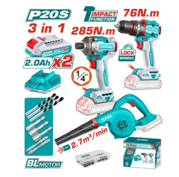 KIT 3EN1 TALADRO 76NM + ATORNILLADOR DE IMP 285NM + SOPLADOR 20V TOSLI250182 TOTAL - Imagen 2