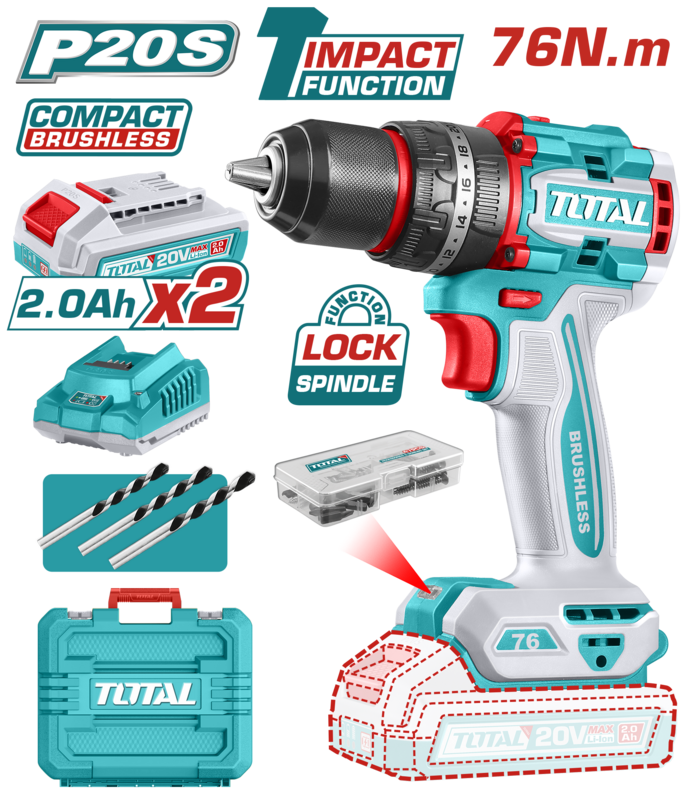 TALADRO DE IMPACTO (PERCUTOR) A BATERIA 20V 76NM BL 2BAT/CAR TIDLI20768 TOTAL - Imagen 2