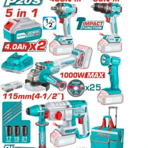 TOTAL KIT 5en1 TALA + LLAV DE IMPAC + ROTO + AMOL + LINTERN 20V TCKLI20592