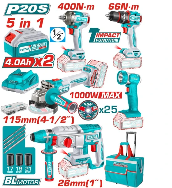 TOTAL KIT 5en1 TALA + LLAV DE IMPAC + ROTO + AMOL + LINTERN 20V TCKLI20592