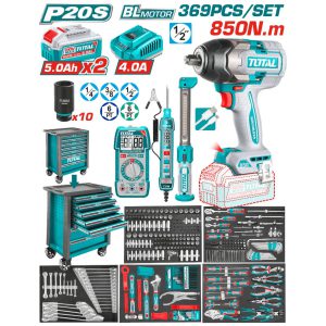 SET GABINETE 7 CAJONES + HERRAMIENTAS + LLAVE IMPACTO 20V 850NM 369P TOTAL THPTCS83692