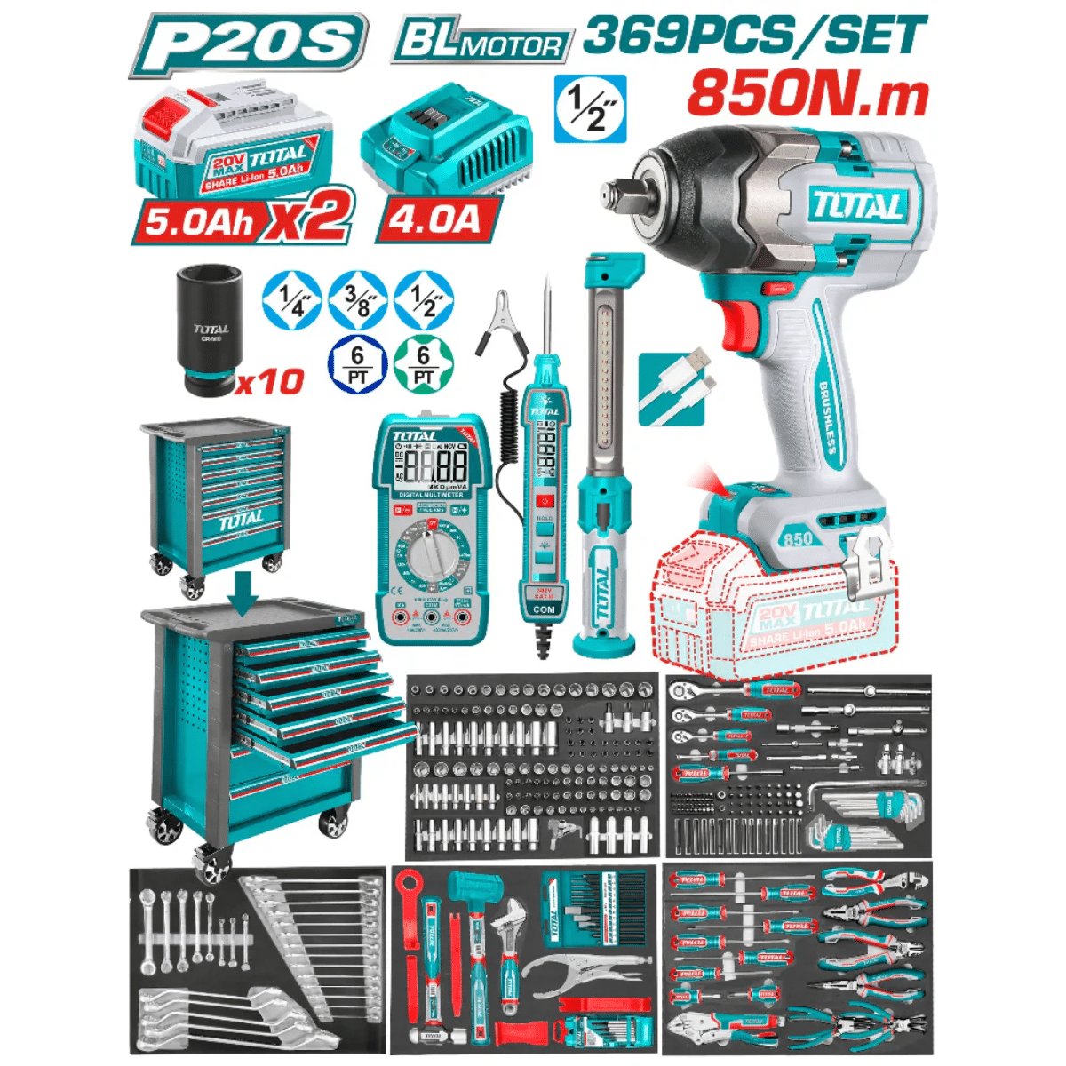 SET GABINETE 7 CAJONES + HERRAMIENTAS + LLAVE IMPACTO 20V 850NM 369P TOTAL THPTCS83692