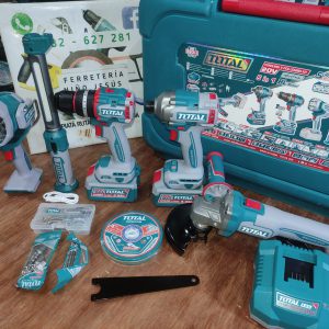COMBO 5 EN 1 TALADRO PERCUTOR 66NM + ATORNILLADOR DE IMPACTO 285NM + AMOLADORA 1000W + LINTERNA TOTAL + REFLECTOR 2000 LUM TOSLI250692