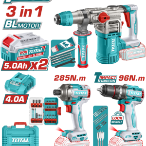 KIT TALADRO PERCUTOR 96NM, ROTOMARTILLO 28MM Y ATORN IMPACTO 285NM 2BAT/CAR TOSLI250693 TOTAL