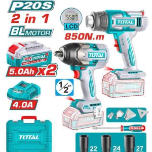KIT LLAVE DE IMPACTO 850NM Y PISTOLA DE CALOR 20V 2BAT/CAR TOSLI250983 TOTAL