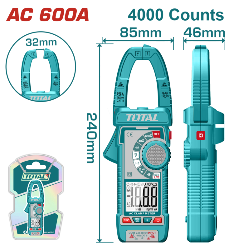 TESTER PINZA AMPERIMETRICA AC 600A (4000 CUENTAS) TOTAL