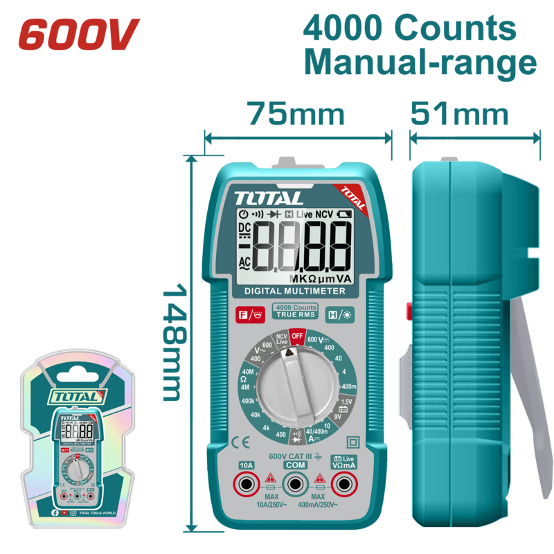 TESTER MULTIMETRO DIGITAL 600V (4000 CUENTAS) - TOTAL
