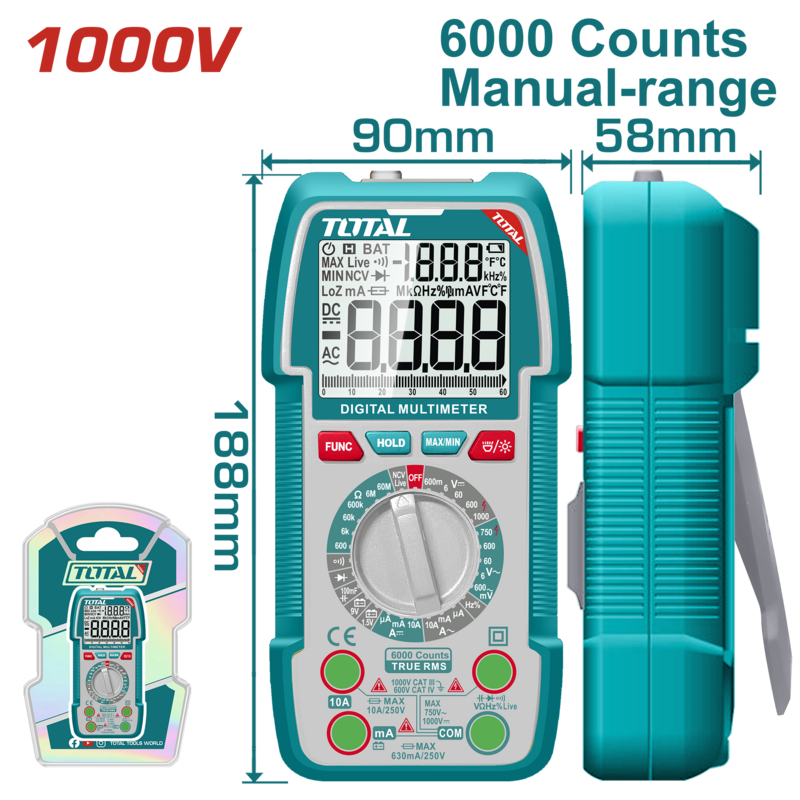 TESTER MULTIMETRO DIGITAL 1000V (6000 CUENTAS) TOTAL