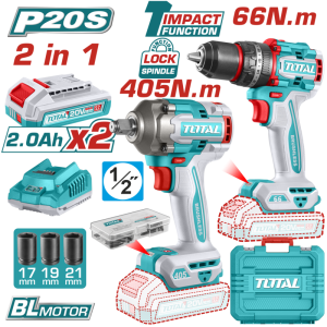 KIT LLAVE DE IMPACTO 405NM Y TALADRO PERCUTOR 66NM A BATERIAS 20V  TCKLI20286  TOTAL
