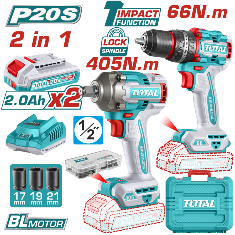 KIT LLAVE DE IMPACTO 405NM Y TALADRO PERCUTOR 66NM A BATERIAS 20V TCKLI20286 TOTAL