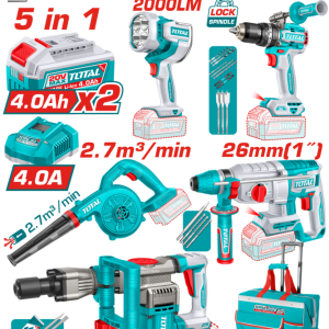 KIT TALADRO PERCUTOR, ROTOMARTILLO, MARTILLETE, SOPLADORA Y LAMPARA 20V - PROMO - TOTAL