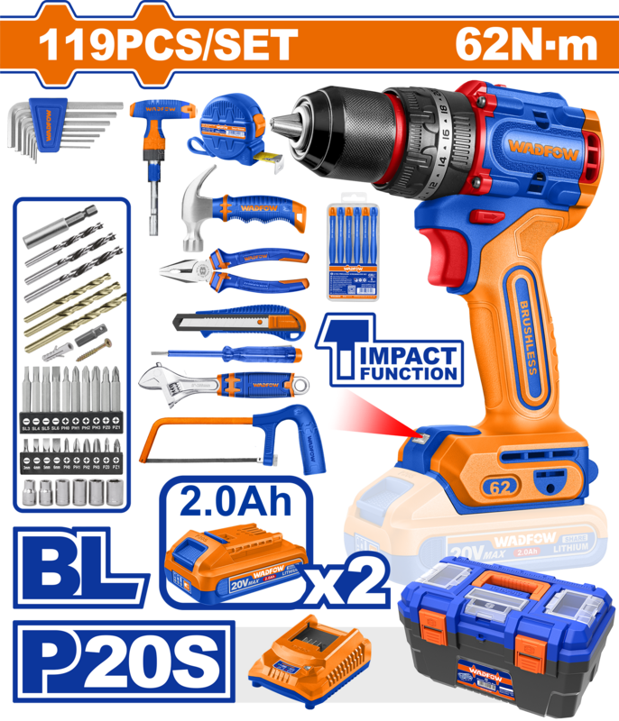 KIT TALADRO PERCUTOR A BATERIA 20V 62NM (C/ JUEGO DE HERR) (119 PZS) 2BAT/CAR WDT4B119 WADFOW
