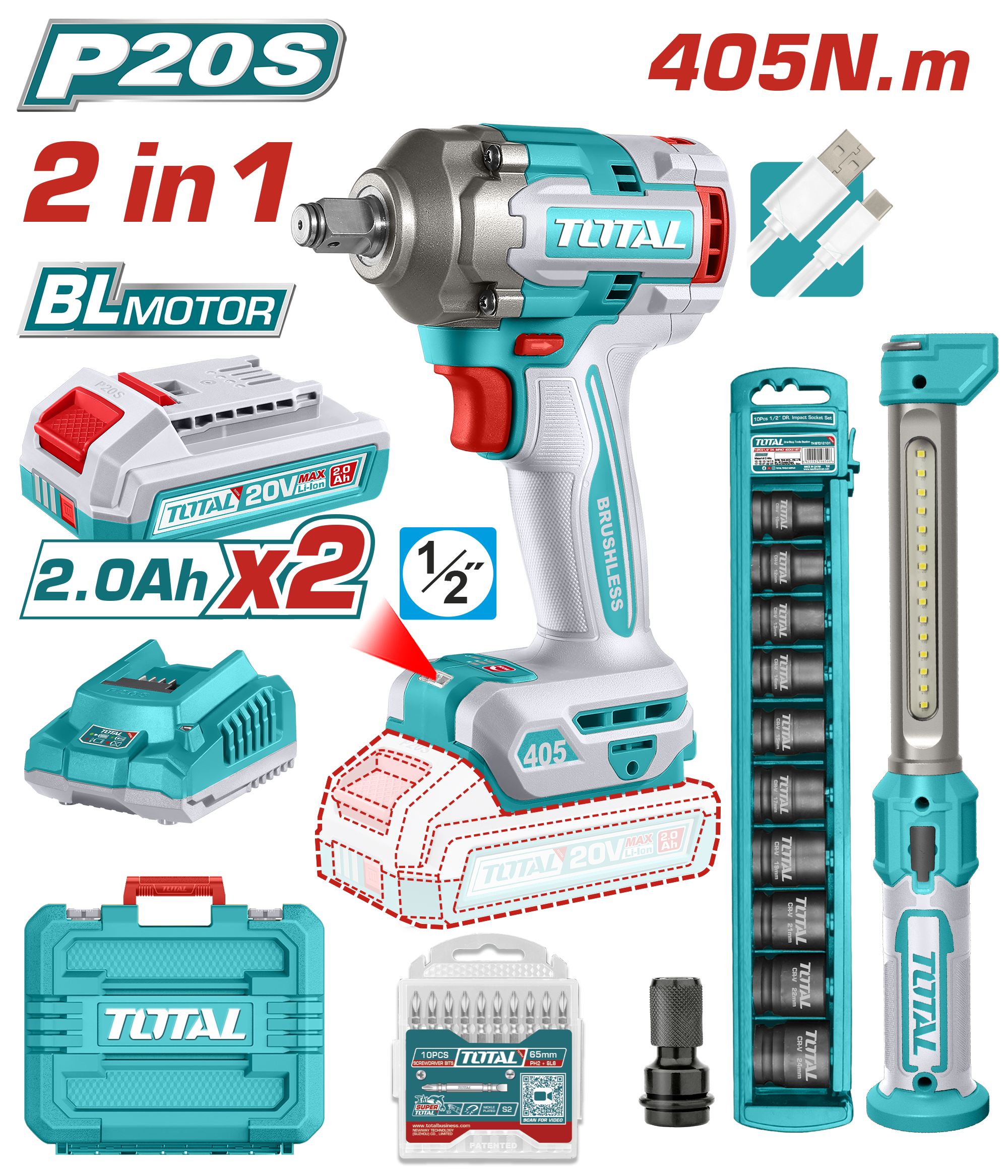 KIT LLAVE DE IMPACTO A BATERIA 20V 405NM BL (KIT LAMPARA) TOSLI23056 2BAT/CAR TOTAL