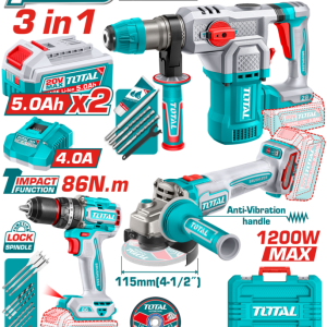 KIT TALADRO PERCUTOR 86NM, ROTOMARTILLO 28MM Y AMOLADORA 115MM 2BAT/CAR PROMO TOSLI250693 TOTAL