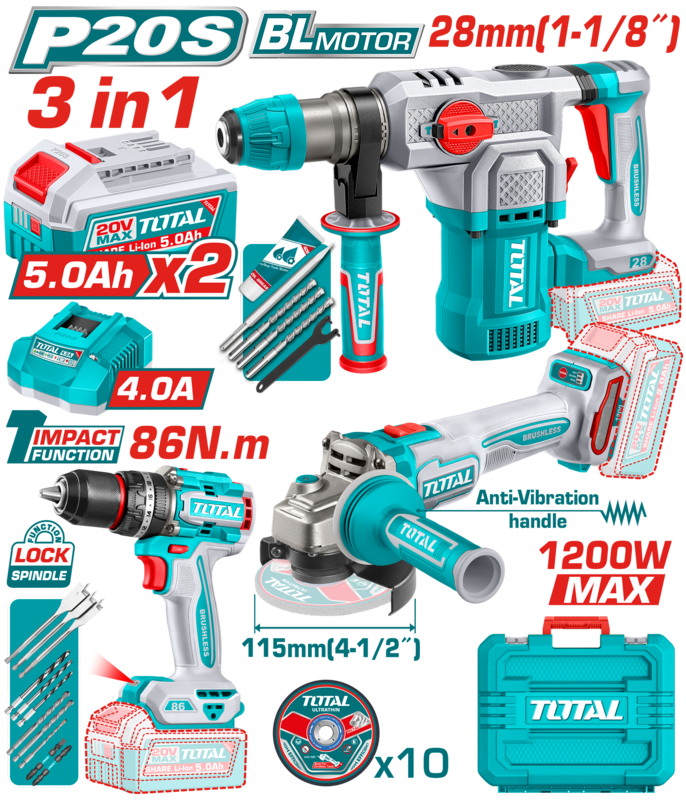 KIT TALADRO PERCUTOR 86NM, ROTOMARTILLO 28MM Y AMOLADORA 115MM 2BAT/CAR PROMO TOSLI250693 TOTAL