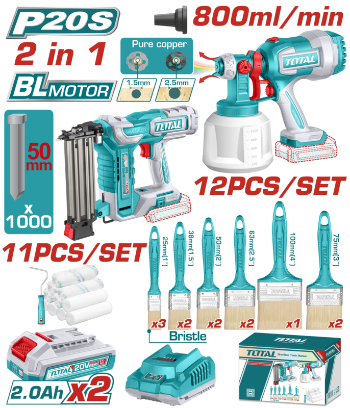 KIT PROFESIONAL DE PINTURA Y CLAVADO A BATERÍA 20V (PROMO) BAT/CAR TOSLI250601 TOTAL