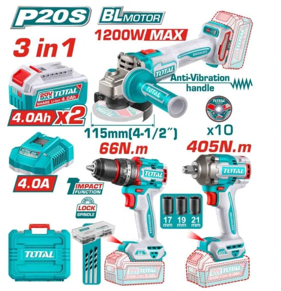KIT 3PCS AMOLADORA 1200 + TALADRO + LLAVE DE IMPACTO TCKLI20358 TOTAL