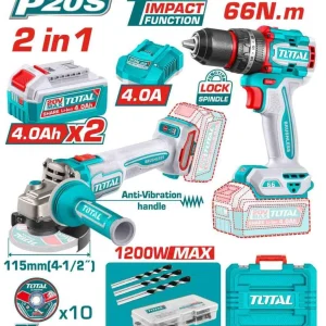 KIT 2PCS AMOLADORA 1200W + TALADRO DE IMPACTO 20V TCKLI20256 TOTAL