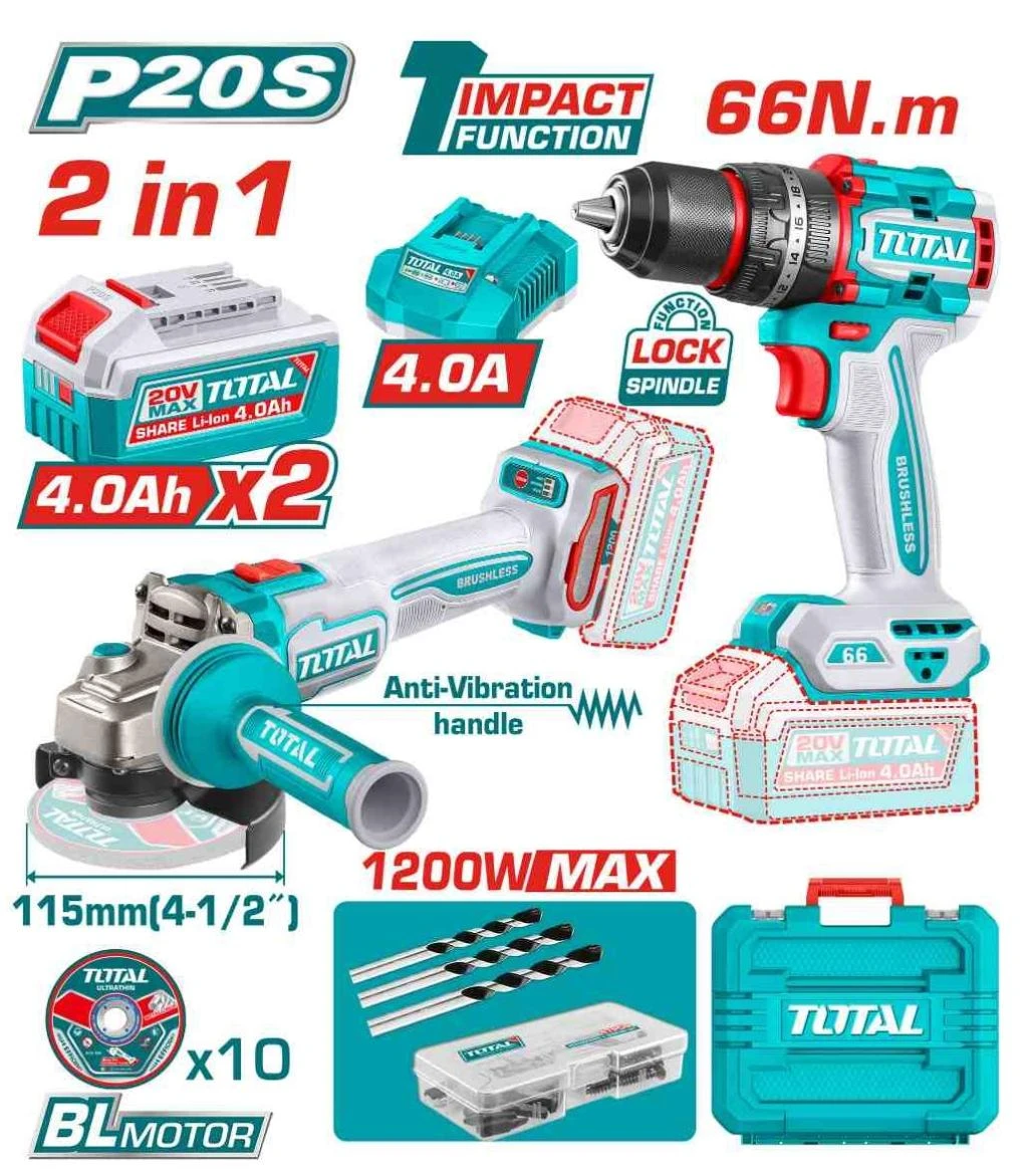 KIT 2PCS AMOLADORA 1200W + TALADRO DE IMPACTO 20V TCKLI20256 TOTAL