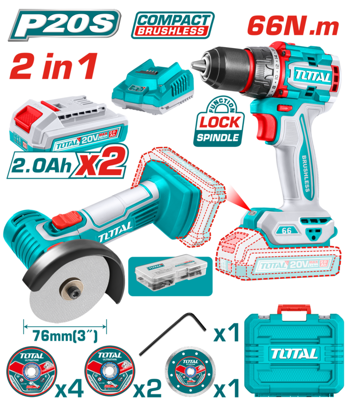 KIT TALADRO ATORN Y MINIAMOLADORA 76NM A BATERÍA 20V - 2BAT/CAR - TCKLI20766 - TOTAL