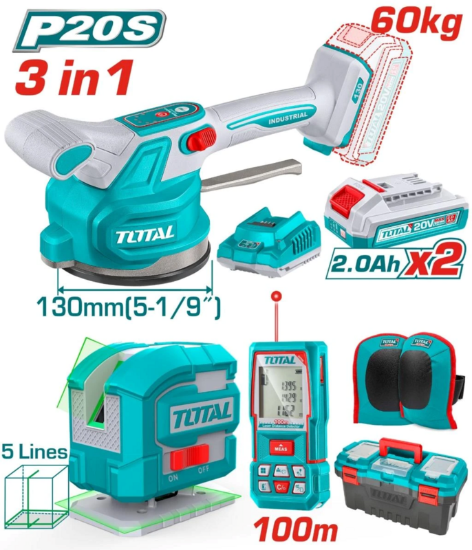 KIT DE HERRAMIENTA VIBRATORIA A BATERIA 20V, MEDIDOR DE DISTANCIA Y LASER (PROMO) - TOTAL
