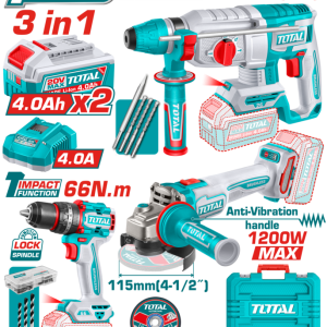KIT TALADRO PERCUTOR 66NM, AMOLADORA 1200WMAX Y ROTOMARTILLO 26MM 20V - 2BAT/CAR - TOTAL