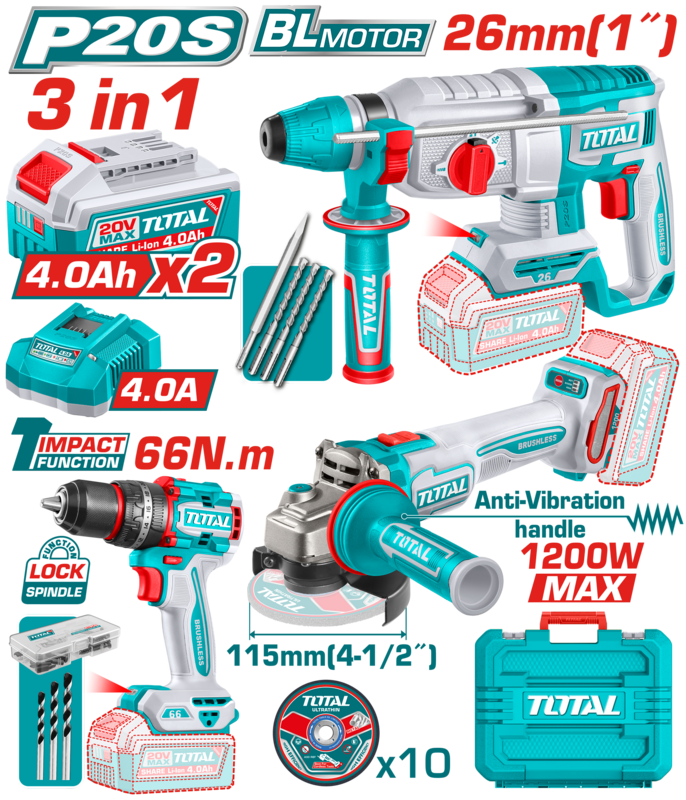 KIT TALADRO PERCUTOR 66NM, AMOLADORA 1200WMAX Y ROTOMARTILLO 26MM 20V - 2BAT/CAR - TOTAL