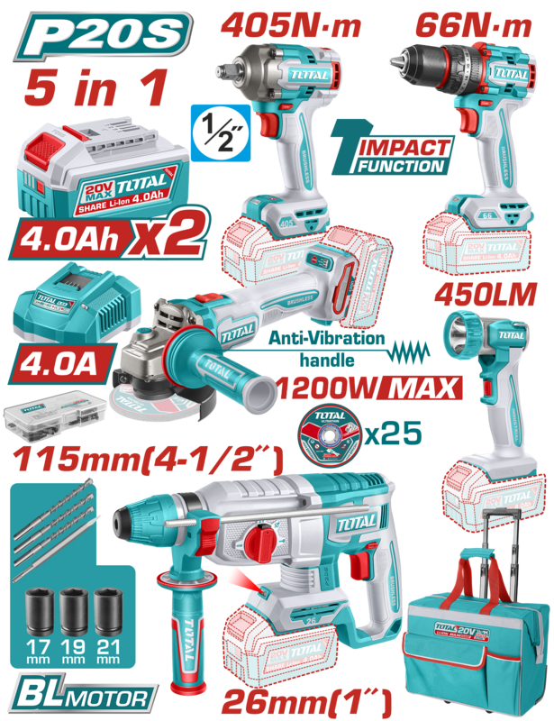 KIT INDUSTRIAL DE HERRAMIENTAS A BATERIA 20V BL - TCKLI20595 - TOTAL