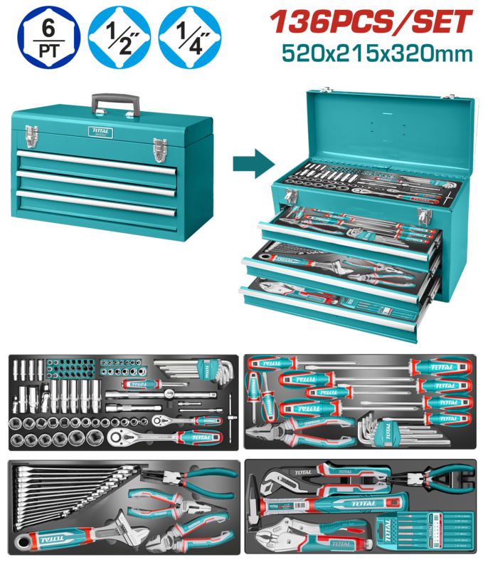 CAJA DE HERRAMIENTAS METALICA CON JUEGO DE HERRAMIENTAS (136 PZS) - TOTAL